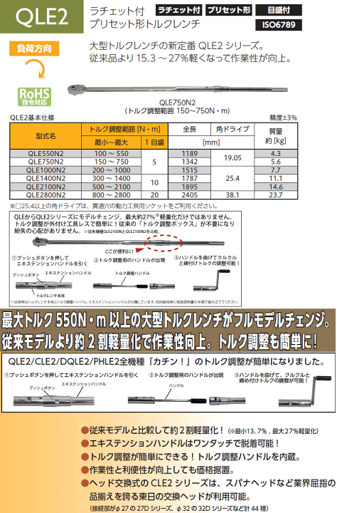 東日＞直送品 QLE1000N2 QLE ラチェット付プリセット形 トルクレンチ 200-1000N.m TOHNICHI / 東日製作所 |  工具のお店i-TOOLS（アイツール）