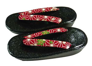 子供着物七五三 女児草履7-8歳22cm前後用2サイズ 黒色合皮レザーにラメ入り小判型台座に麻の葉柄鼻緒 女の子用履物キッズ和装小物