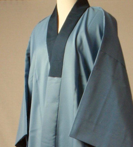 男着物長襦袢 ブルーグレーM 正式的 未使用 L 半衿付 カジュアル 男和装小物 洗える化繊 背中に山水画
