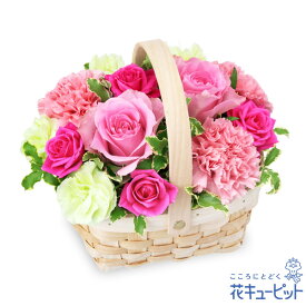 5月の誕生花（ピンクバラ） お花 お祝い 記念日 誕生日 お礼 プレゼント 女性 母 義母 祖母 父 男性 祖父 花キューピットのピンクのウッドバスケットya05-512162