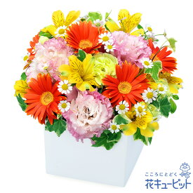 【4月の誕生花（アルストロメリア）】花キューピット お祝い 記念日 お礼 誕生日 プレゼント イエローアルストロメリアのキューブアレンジメントya04-512518