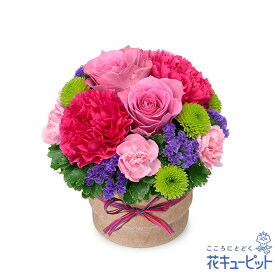 5月の誕生花（ピンクバラ） お花 お祝い 記念日 誕生日 お礼 プレゼント 女性 母 義母 祖母 父 男性 祖父 花キューピットのピンクバラのウッドポットアレンジya05-512606