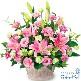 【お祝い】花キューピット 敬老の日 誕生日 歓送迎 結婚 還暦 開店開業 卒業入学 記念日 プレゼント ピンクユリとトルコキキョウのアレンジメントyc00-524058
