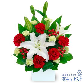 【還暦祝い・長寿祝い】花キューピット 花 ギフト 誕生日 お祝い 記念日 女性 男性 白ユリと赤のアレンジメントyv00-524321
