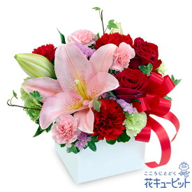 【お祝い】花キューピット 敬老の日 誕生日 歓送迎 結婚 還暦 開店開業 卒業入学 記念日 プレゼント ユリと赤のキューブアレンジメントyc00-524330