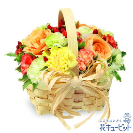 【お祝い】花キューピット 敬老の日 誕生日 歓送迎 結婚 還暦 開店開業 卒業入学 記念日 プレゼント ビタミンカラーのウッドバスケットアレンジメントyc00-525240