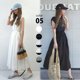 ワンピース ノースリーブ ロング レディース ドッキング 切り替え 異素材 春 夏 秋 S M L [フレンチスリーブ ボーダー 無地 ウエストギャザー ウエストゴム きれいめ ストライプ ゆったり 薄手 大人 可愛い カジュアル 大きいサイズ 体型カバー]