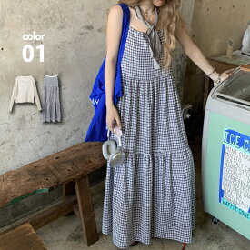 ワンピース ロング チェック ノースリーブ カーディガン 長袖 薄手 レディース キャミソール [キャミワンピ ワンピース ギャザー マキシ丈 体型カバー ワンピース プルオーバー サマーニット ボレロ スタイルアップ 春 夏 秋]