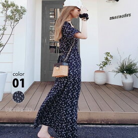 ワンピース ロング 半袖 レディース 花柄 夏 [小花柄 ロングワンピース マキシ丈 きれいめ おしゃれ ワンピ ガーリー ウエストマーク 春 秋 楽ちん 上品 カジュアル ママ 大人 可愛い コーデ]