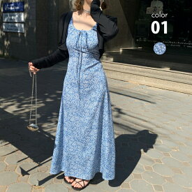 ワンピース ロング フレンチスリーブ レディース 花柄 夏 [小花柄 フローラルパターン　ロングワンピース マキシ丈 きれいめ おしゃれ ワンピ ガーリー リボン ノースリーブ 春 夏 秋 上品 カジュアル リゾート ママ 大人 可愛い コーデ]