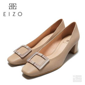 【new】 EIZO エイゾー 15031 Beige コンビ 本革 バックルモチーフ スクエアパンプス 5cm ミドルヒール 痛くない 走れる エレガンス キレイ 通勤 レディースパンプス【24ss】