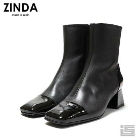 ◆ ZINDA ジンダ 2421 Black エナメル ショートブーツ 5cm ミドルヒール スクエアトゥ ジッパーキレイめ ラグジュアリー ドレッシー 正規品 スペイン製