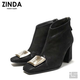 ◆ ZINDA ジンダ 2468 Black メタルパーツ ショートブーツ 8cm ミドルヒール スクエアトゥキレイめ ラグジュアリー ドレッシー 正規品 スペイン製