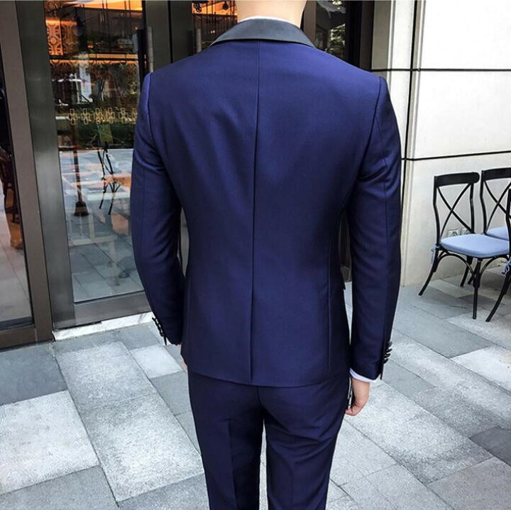 楽天市場 マラソン限定 P5倍 タキシードカラー スリムスリーピーススーツ 結婚式 スーツ 男性 セットアップ メンズ タキシード ネイビー ブラック メンズスーツ フォーマル 二次会 パーティー おしゃれスーツ ホスト V系 ゴージャス 高級感 購入特典あり