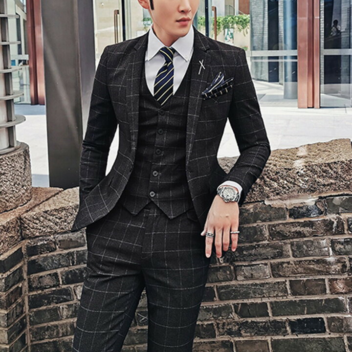 楽天市場】【10％ｵﾌ☆LINEｸｰﾎﾟﾝ】チェック柄スリーピーススーツ メンズ  