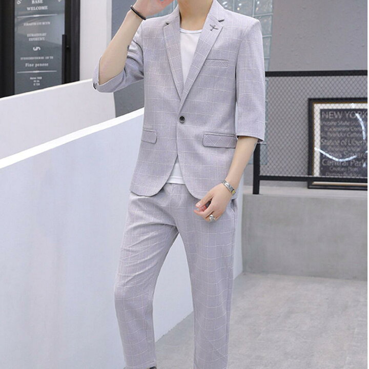 楽天市場】【10％ｵﾌ☆LINEｸｰﾎﾟﾝ】チェック柄スリムスーツ 春夏 七分丈 