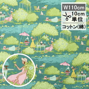 ティルダ 生地 サンデイ ブランチ ティール グリーン Tilda ファブリック Sunday Brunch 110cm巾 10cm単位 布 手芸 かわいい おしゃれ 小さい柄 猫 少女 ピンク 花柄 小花 緑 北欧