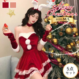 5点セット 新年 サンタ セクシー 兎 兎耳 うさぎ ウサギ カチューシャ クリスマス サンタコス 大人 コスチューム レディース 可愛い サンタクロース クリスマスコスチューム ミニスカサンタ 余興 超セクシー ミニスカサンタ