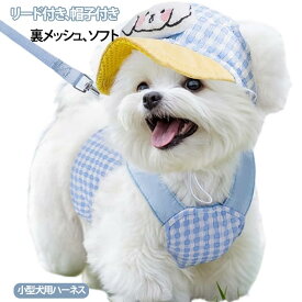 3点セット 犬 ハーネス リード付き 帽子 キャップ付き 超小型犬 小型犬 ハーネス 胴輪 簡単装着 抜けない 軽量 ソフト メッシュ 通気性 チェック柄 かわいい おしゃれ 犬用 ハーネス リードセット 気管にやさしい