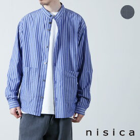 nisica (ニシカ) バンドカラールーズフィットシャツ ストライプ&チェック