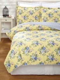 Laura Ashley ローラアシュレイ【クイーン】 Linley リバーシブル ベッドキルト3点セット イエロー マルチカバー 寝具 ベッドカバー ピローケースx2 枕カバー2枚 ベッドキルト