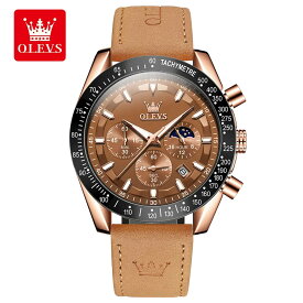 メンズ 腕時計 ムーンフェイズ タキメーター ストップウォッチ タイマー アナログ 北欧デザイン 時計 ネイビーブラウン ブランド OLEVS オレブス かっこいい おしゃれ デザインウォッチ タイマー ギフト プレゼント メンズ腕時計