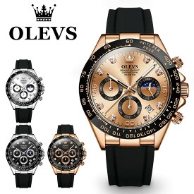 腕時計 メンズ OLEVS オレブス メンズ ムーンフェイズ タキメーター ストップウォッチ タイマー アナログ 安い 北欧デザイン 時計 ブラック ゴールド シルバー ブランド かっこいい おしゃれ デザインウォッチ タイマー ギフト プレゼント メンズ腕時計