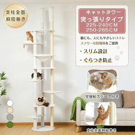 ★楽天1位★お買い物マラソンP10★キャットタワー 突っ張り スリム 省スペース 高さ225~265cm 猫タワー 突っ張り スリム 大型猫用 多頭飼い 6本天然サイザル麻柱 爪とぎ キャットツリー 見晴台 透明宇宙船 ハンモック 2way