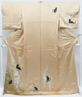 【中古】リサイクル着物 付下げ オリジナル 花・猫 正絹 身丈172.5cm 裄丈68.5cm r8z03-47【リサイクル】…