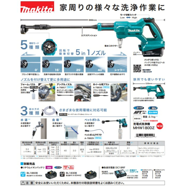 楽天市場】マキタ 充電式洗浄機 MHW180DZ 本体のみ 18V 2.4/2Mpa(常用 
