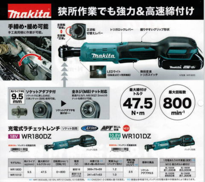 楽天市場】マキタ WR101DZ 充電式ラチェットレンチ 10.8Vスライド式 