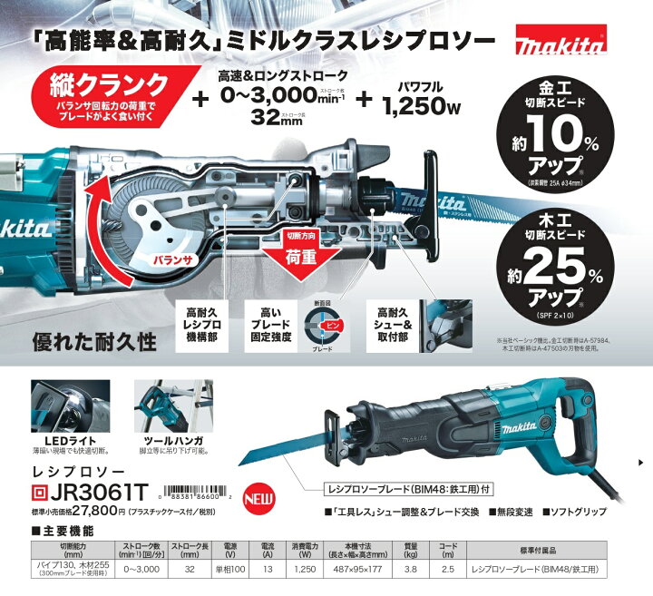 楽天市場】【マキタ 正規品】レシプロソー JR3061T 正規品 : 家づくり 