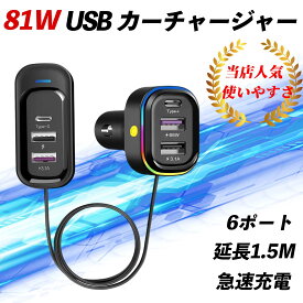 トヨタ カローラスポーツ シガーソケット カーチャージャー usb 増設 車載 充電器 81W LED 急速 高速 12V/24V 車用 6連 コード延長 ienobenrikan