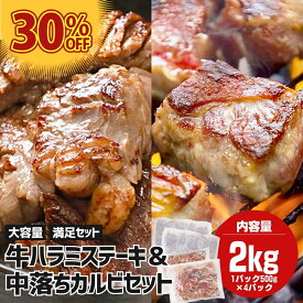 カルビ 中落ちカルビ メガ盛り 2kg (500g×各2袋) 極厚切り ハラミステーキ 最大13ミリ 厚いけど柔らかい！ ハラミ バーベキュー用肉 2キロ 焼肉 お肉セット おいしい バーベキュー
