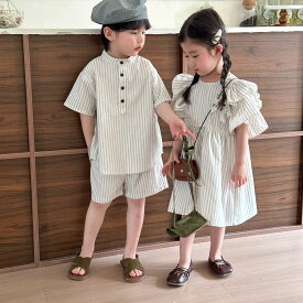 【いつでもお得！全品無条件8%OFFクーポン】 双子 キッズ ベビー服 上下セット 出産祝い 双子 双子コーデ 双生児 ふたご 三つ子 女の子 ワンピース 男の子 ロンパース セットアップ ズボン トップス 子供服 赤ちゃん ストライプ柄 姉妹