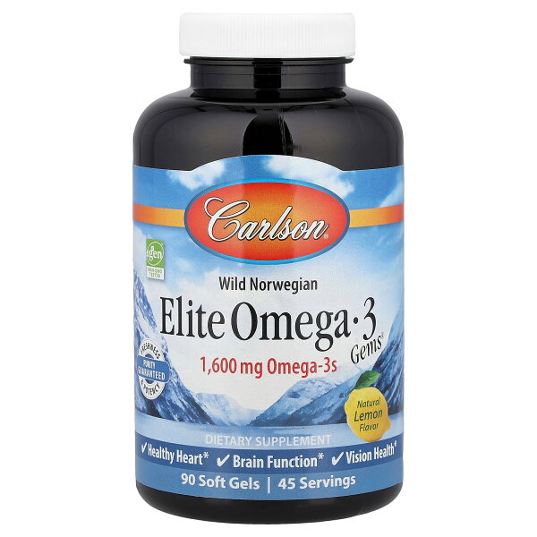 Carlson エリート オメガ-3 ジェム 【 iHerb アイハーブ 公式 】 カールソン オメガ3 オメガ3脂肪酸 ノルウェー産 フィッシュオイル DHA EPA ビタミンE サプリ ソフトジェル 天然レモン味 1,600mg 90粒