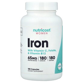 【20%OFFクーポン★3/18 0:00~3/30 23:59】Nutricost 鉄分 【 iHerb アイハーブ 公式 】 ニュートリコスト 鉄 ビスグリシン酸第一鉄 フマル酸第一鉄 ミネラル ビタミンC 葉酸 ビタミンB12 配合 ウーマン 女性用 サプリメント サプリ カプセル 180粒