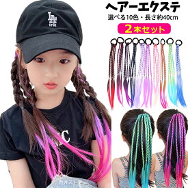 即納 エクステ ワンタッチ 子供 三つ編み 編み込み キッズ ダンス エクステ ゴムタイプ 2本セット グラデーション カラー 簡単 ヘア アレンジ ヘアーエクステ ツインテール 女の子 ガールズ ヘアアクセサリー ダンスウイッグ 長さ40cm