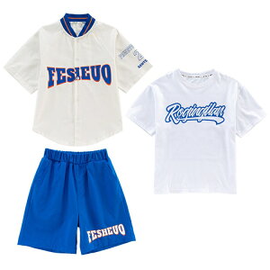 ダンス衣装 キッズ 英文字 キッズダンス衣装 セットアップ ヒップホップ 3点セット 子供服 男の子 女の子 シャツ 野球服 白 半袖 パンツ 青 ショート丈 ショーツ 夏服 tシャツ 白 半袖 子供ダ