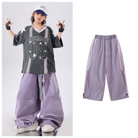 野球服 ダンス衣装 セットアップ キッズ ヒップホップ 子供ダンス 子供服 男の子 女の子 ベースボールシャツ グレー 総柄 半袖 ワイドパンツ ロング丈 パープル 演出服 韓国 k-pop衣装 かっこいい チアダンス 練習着 レッスン 応援団 発表会
