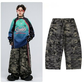 野球服 柄パンツ 迷彩柄 ダンス衣装 セットアップ キッズ 子供ダンス 子供服 男の子 女の子 ベースボールシャツ 総柄 長袖 カーゴパンツ ロング丈 緑 カーキグリーン 原宿 演出服 k-pop衣装 jazz チアダンス hiphop 練習着 レッスン 応援団 発表会