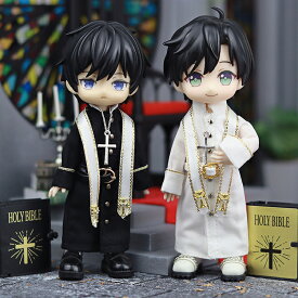 ドール服 人形 衣装 1/12ドール用 服装 アウトフィット 神父 司祭 衣装 セット カソック セットアップ コート ベルト 靴 マント 靴下 11cm ob11 オビツろいど ぬい服 BJD MJD ロング丈 撮影用 コスプレ SNS映え ブラック ホワイト