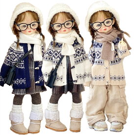 ドール服 人形服 BJD衣装 1/6ドール用 30cm カーディガン セーター フェアアイル ニット 編み風 コーデュロイズボン スカート チェック柄 タイツ レッグウォーマー 帽子 アウトフィット 長袖 撮影用 コスプレ SNS映え ネイビー ベージュ ホワイト