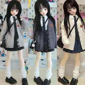 ドール服 人形服 BJD衣装 1/4ドール用 40cm JK 制服 女子高校生 カーディガン セーター ニット シャツ ネクタイ プリーツスカート 無地 チェック柄 靴下 ソックス 学生 学校 スクール 紺 アウトフィット 長袖 撮影用 SNS映え 通学 卒業式