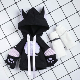 ドール服 人形服 BJD衣装 1/6ドール用 服装 2点セット パーカー アウトフィット 上衣 コート ジャケット フーディ 猫耳付き フード付き 紐 レッグウォーマー 長袖 萌え袖 22cm ぬい服 MJD 撮影用 コスプレ SNS映え ブラック ホワイト パープル
