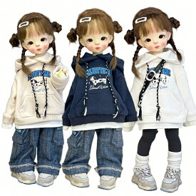 ドール服 人形服 BJD衣装 1/6ドール用 30cm パーカー フルオーバー フェイクレイヤード 重ね着風 フード付き フーディ ズボン デニムパンツ レギンス タイツ ソックス アウトフィット 長袖 撮影用 コスプレ SNS映え ネイビー ベージュ ホワイト