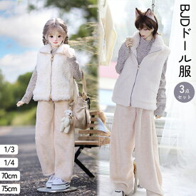 BJD ドール服 人形 衣装 1/3 1/4ドール用 70cm 75cm 服装 3点セット アウター ボアベスト 袖なし ファスナー ふわふわ もこもこ ブラウス ハイネック 被り式 ワイドパンツ 長袖 アウトフィット おしゃれ 可愛い ぬい服 撮影用 コスプレ SNS映え