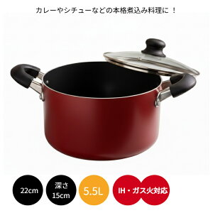半寸胴鍋 22cm 5.5L ガラス鍋蓋付 両手鍋 ガス火 IH対応 フッ素加工 大容量 カレー鍋 シチューポット シチュー煮込み鍋