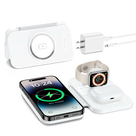 3in1 mag-safe充電器 ワイヤレス充電器 折り畳め applewatch充電器 iPhone/アップルウォッチ/ワイヤレスイヤホン同時充電 iPhone 15 14 13 12 Pro Max/Plus/Pro/Mini,iWatch Ultra2/Ultra/9/8/7/SE/6/5/4/3/2, QC3.0アダプター USB-Cケーブル付き 充電スタンド/パッド