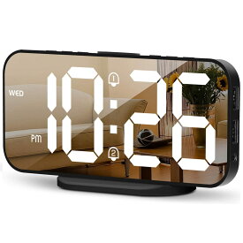 EDUP LOVE デジタル目覚まし時計、LEDミラー電子時計、2つのUSB充電ポート、スヌーズモード、12 / 24H、明るさの調整、キッチン寝室のリビングルームオフィス用のモダンな卓上時計-黒 （作業には電源接続が必要です）